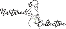 Line-art logo for Nurtured Mama Collective, representing birth doula and postpartum care services with a silhouette of a pregnant mother cradling a baby icon.